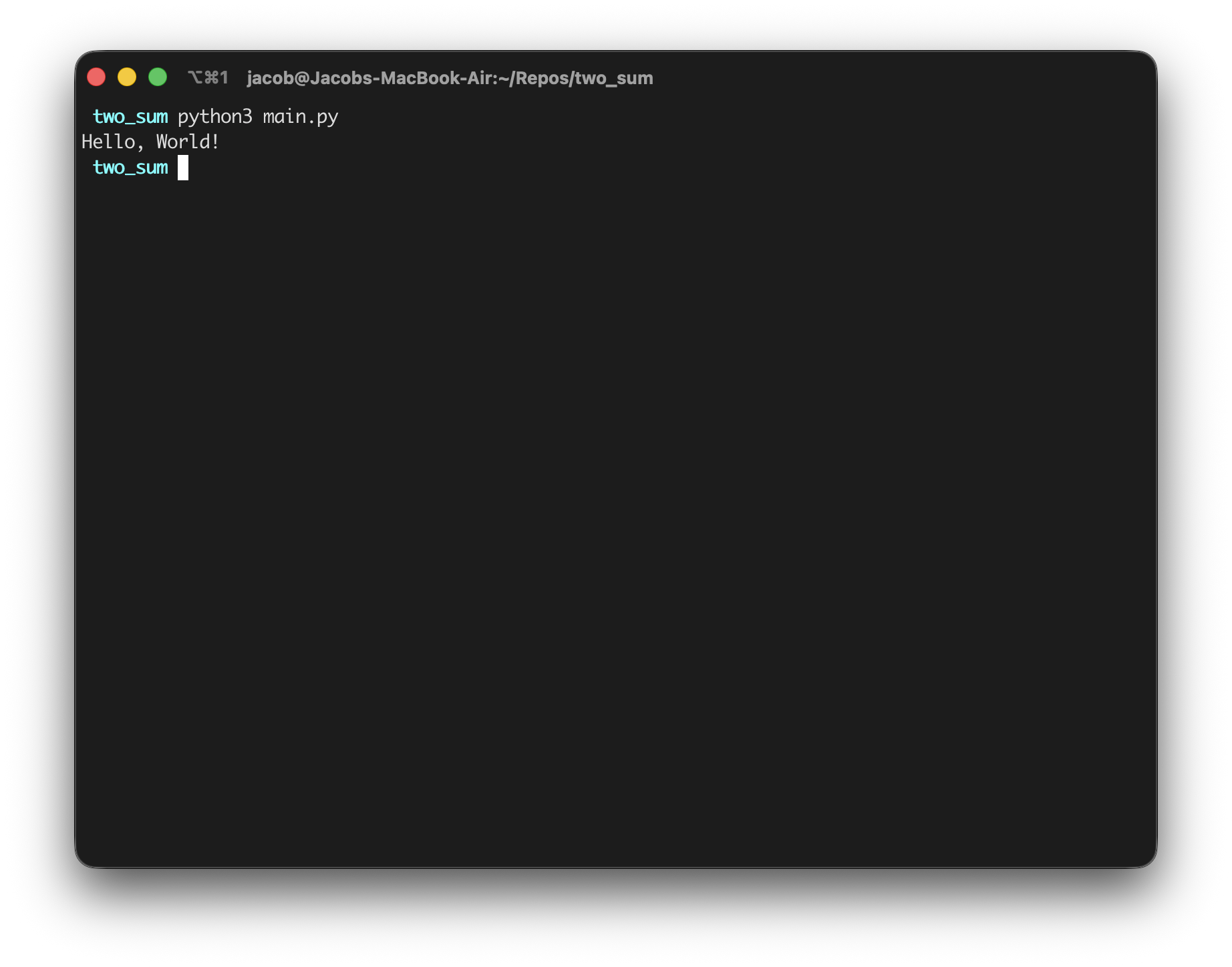 Screenshot of a terminal window running our Hello World program.